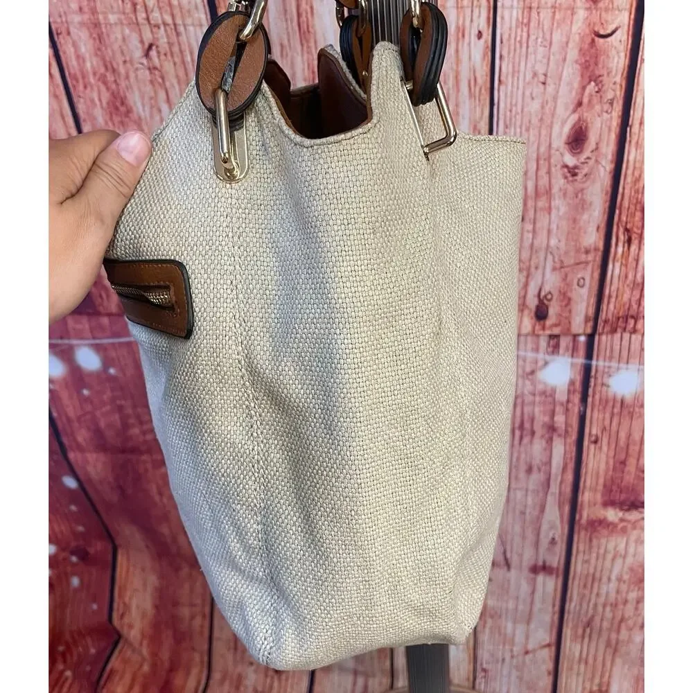 Kate & Alex Cuffaro Canvas Shoulder Hobo Bag Leather Double Strap Khaki Brown